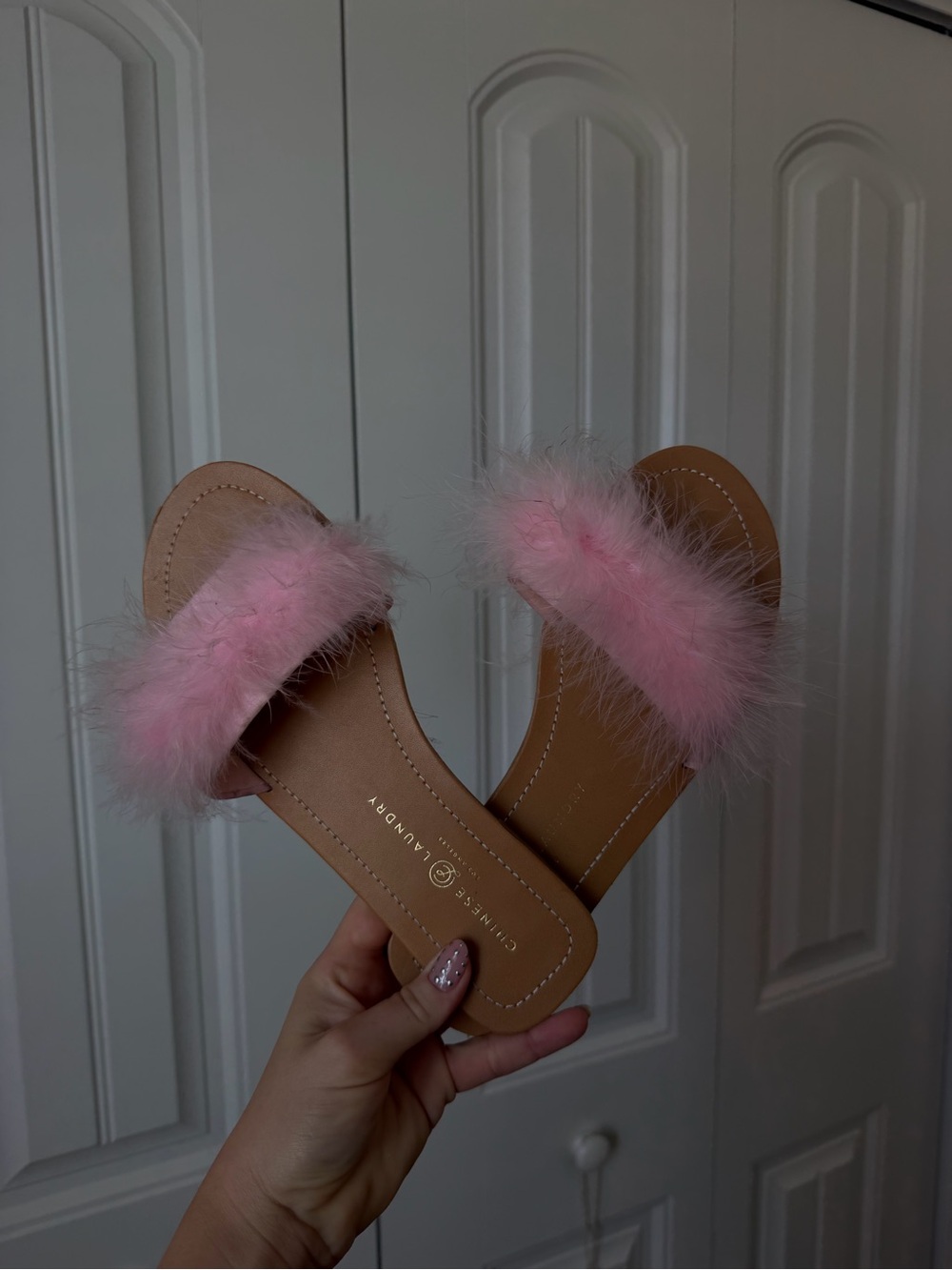 Chinese Laundry Pink Faux Fur Slide Sandals